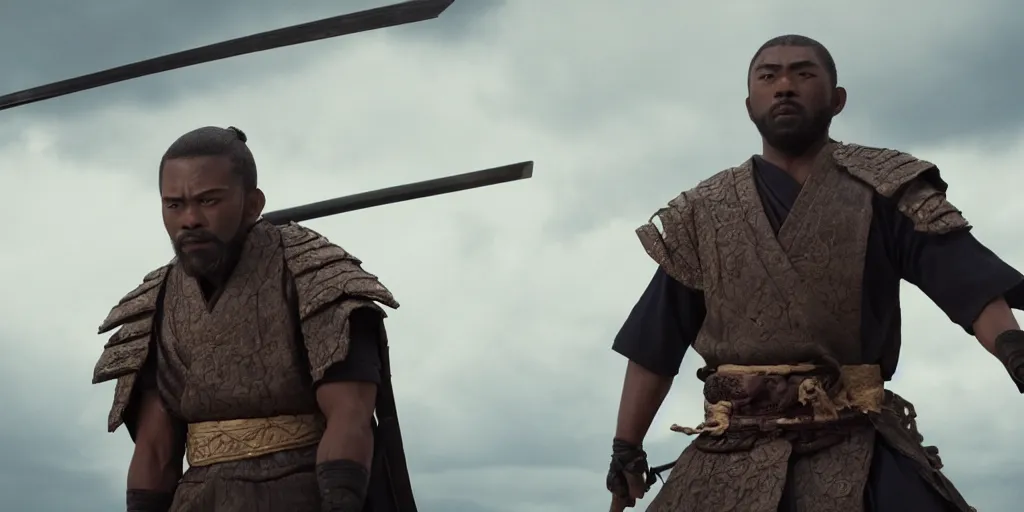 Image similar to a film still of a black man starring in a japanese blockbuster film as san ancient samurai, shallow depth of field, cinematic, award winning cgi, vfx, film still