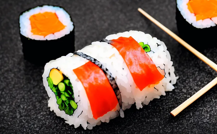 Image similar to very cute anime girl that is rolled up in a big piece of sushi, head sticking out of a sushi roll, nori, full body shot, cinematic wallpaper, highly detailed, clear, sharp, 4 k, 8 k