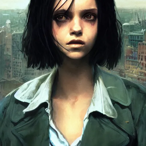 Prompt: closeup portrait of matilda from the movie leon the professional, city background, dramatic light, gorgeous view, depth, high detail, digital art, painted by greg rutkowski and seb mckinnon, by tim burton, trending on artstation