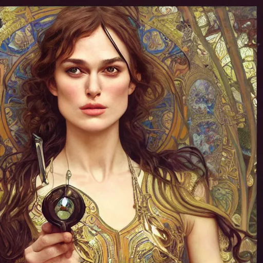Prompt: Young Keira Knightley with sword and potions drawn by Donato Giancola and Tom Bagshaw, face by Artgerm, overall design by Alphonse Mucha, background by James Jean and Gustav Klimt, light by Julie Bell, 4k, porcelain skin, komorebi, french nouveau, trending on artstation, octane render, hyperrealistic