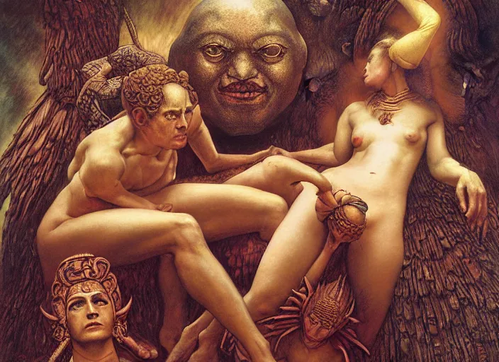 Prompt: hyper realistic mayan gods scene in the style of austin osman spare, wayne barlowe, gustav moreau, goward, bussiere and roberto ferri, santiago caruso, bouguereau, klimt, saturno butto, sorayama and tom bagshaw. occult art