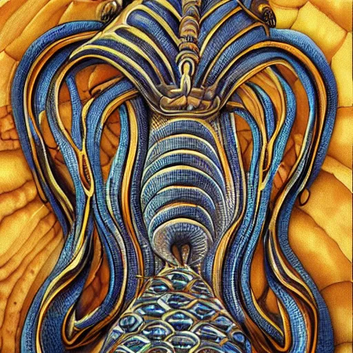 Image similar to naga serpent god airbrush painting, honeycomb structure, highly detailed, intricate, beautiful craftsmanship, famous artist,
