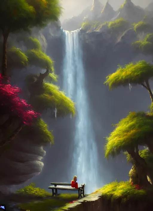 Prompt: a painting of a waterfall with a person sitting on a bench, a detailed matte painting by tyler edlin, artstation, fantasy art, matte painting, 2 d game art, deviantart hd