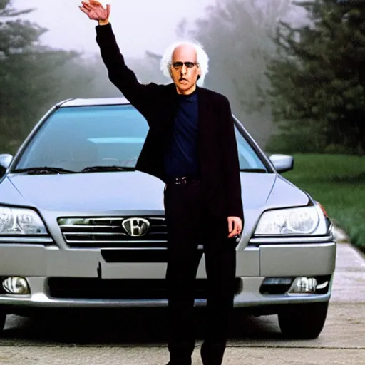 Prompt: larry david standing on top of prius, gothic portrait