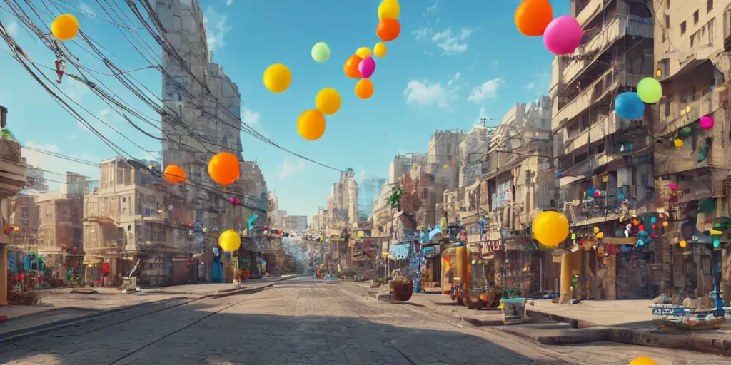 Image similar to a city street where everything is made from tiny inflatable balloons, hyper real, trending on Art Station, Octane render