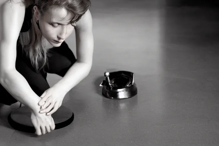 Image similar to close up of scarlet johannsson as a gynoid on her hands and knees polishing the floor, high resolution film still, 4 k, hdr color