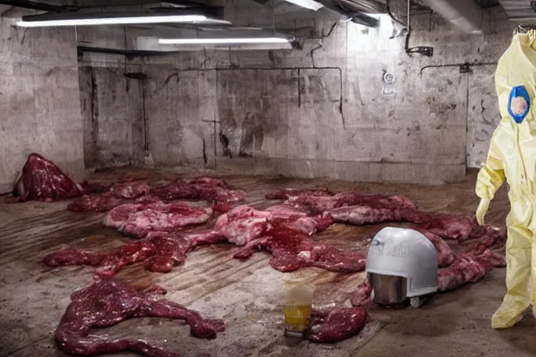 Image similar to a man in a hazmat suit looks on helplessly as a drippy meat monster grows out of control in a creepy underground lab