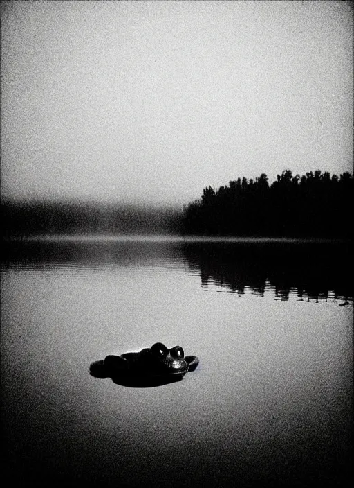 Image similar to “semitranslucent smiling frog vertically hovering over misty lake waters in crucifix pose, low angle, long cinematic shot by Andrei Tarkovsky, paranormal, eerie, mystical”