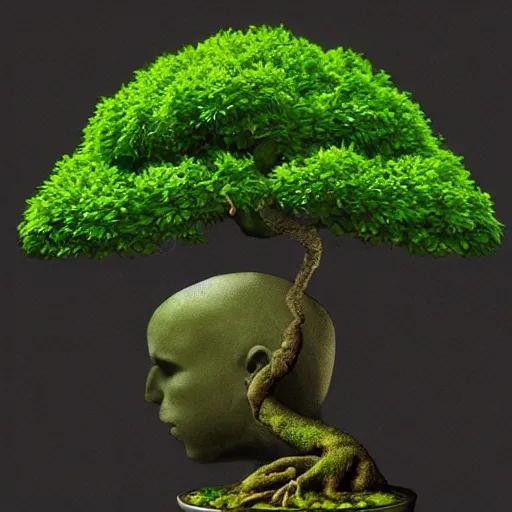 Image similar to Green bonsai tree in a pot growing through a human cranium, digital art, artstation, cgsociety,