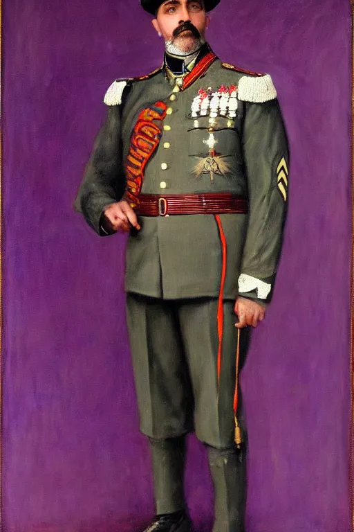 Image similar to full body portrait of the dictator of the sacramento kings, 1 8 8 9, in full military garb, purple, silver, oil on canvas by william sidney mount, trending on artstation