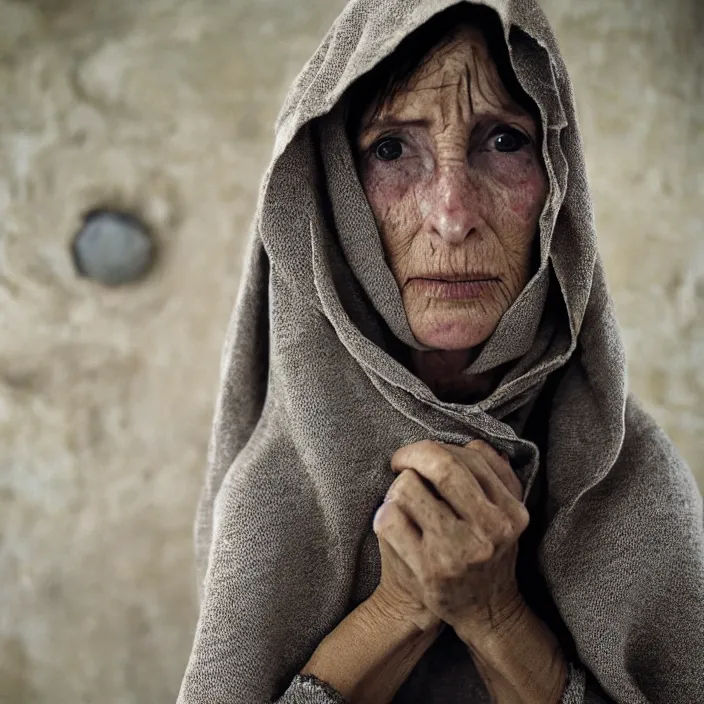 Image similar to closeup portrait of a sad woman with a cloak made of stone, standing in a busy messy kitchen, by Annie Leibovitz and Steve McCurry, natural light, detailed face, CANON Eos C300, ƒ1.8, 35mm, 8K, medium-format print