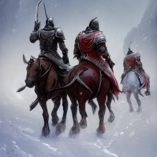 Prompt: Two knights on horseback seen from afar riding in the snow, snowy landscape, snow storm, fantasy, highly detailed, digital painting, artstation, concept art, illustration, art by Bayard Wu and Marc Simonetti and Diego Gisbert Llorens