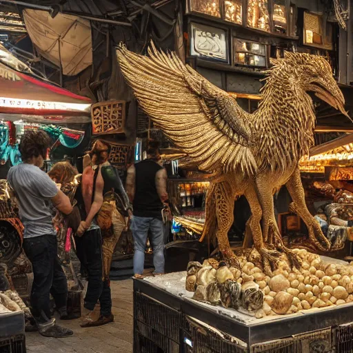 Image similar to buying a griffin at a market in istanbul, hyper detailed, dramatic lighting, cgsociety, realistic, hyper detailed, insane details, intricate, dramatic lighting, hypermaximalist, golden ratio, rule of thirds, octane render, weta digital, micro details, ultra wide angle, artstation trending, 8 k,