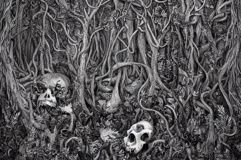 Image similar to an eerie insanely detailed forest of the soul, ambiguous, symbolic, eyes of strange creatures hiding in the dark, skulls and bones of animals, snakes and vines and cobwebs and old trees, a glimpse of hope, ink and ballpoint, inspired by claire scully and evan cagle and simon prades