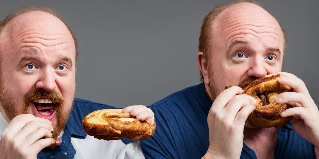 prompthunt: louis c k eating a cinnabon, xf iq 4, f / 1. 4, iso 2 0 0, 1 /  1 6 0 s, 8 k, raw, unedited, symmetrical balance, in - frame, sharpened