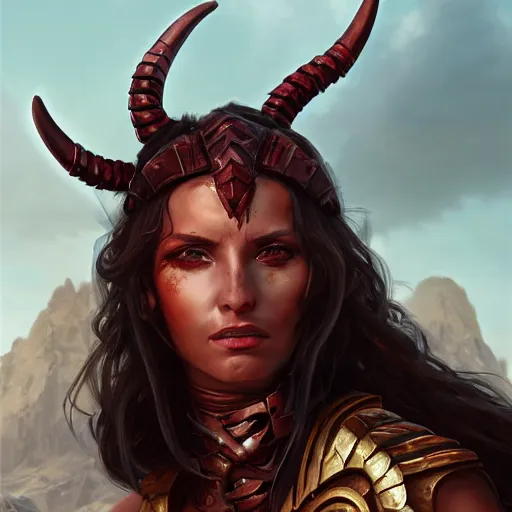 Prompt: portrait of a strong fierce female berber tiefling barbarian with red skin, devil horns and black hair in a ponytail wearing a steel chestplate in a desert, fantasy, highly detailed, digital painting, artstation, concept art, character art, art by greg rutkowski, tyler jacobson, alphonse mucha, ross tran and makoto shinkai