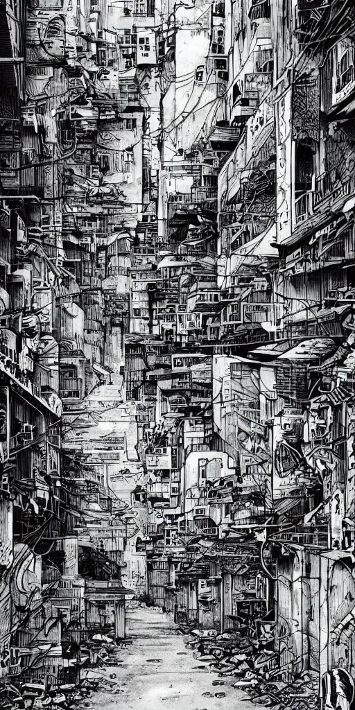 Image similar to abandoned old alleys in hong kong, epic vines, illustration by niko delort, black and white ink