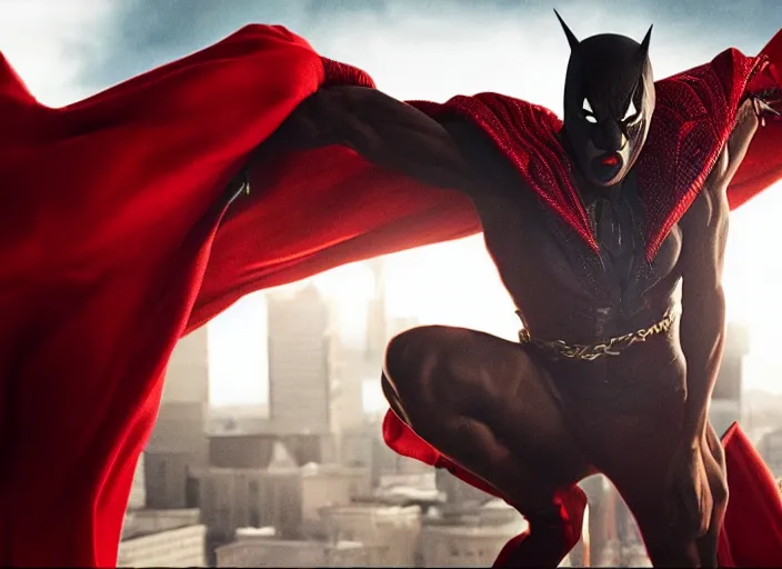 Image similar to film still of michael b jordan as spawn in the new spawn movie, giant chains, large cape, 8 k
