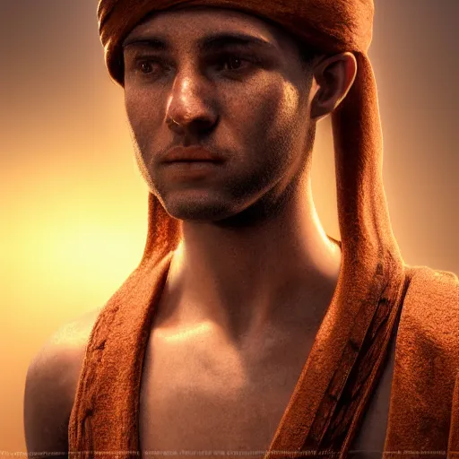 Image similar to portrait, 26 year old male in ancient Canaanite clothing meeting 18 year old female in ancient Canaanite clothing, dramatic lighting, cinematic, establishing shot, high detail, photo realistic, cinematic lighting, post processed, concept art, artstation, matte painting, style by eddie mendoza, raphael lacoste, alex ross