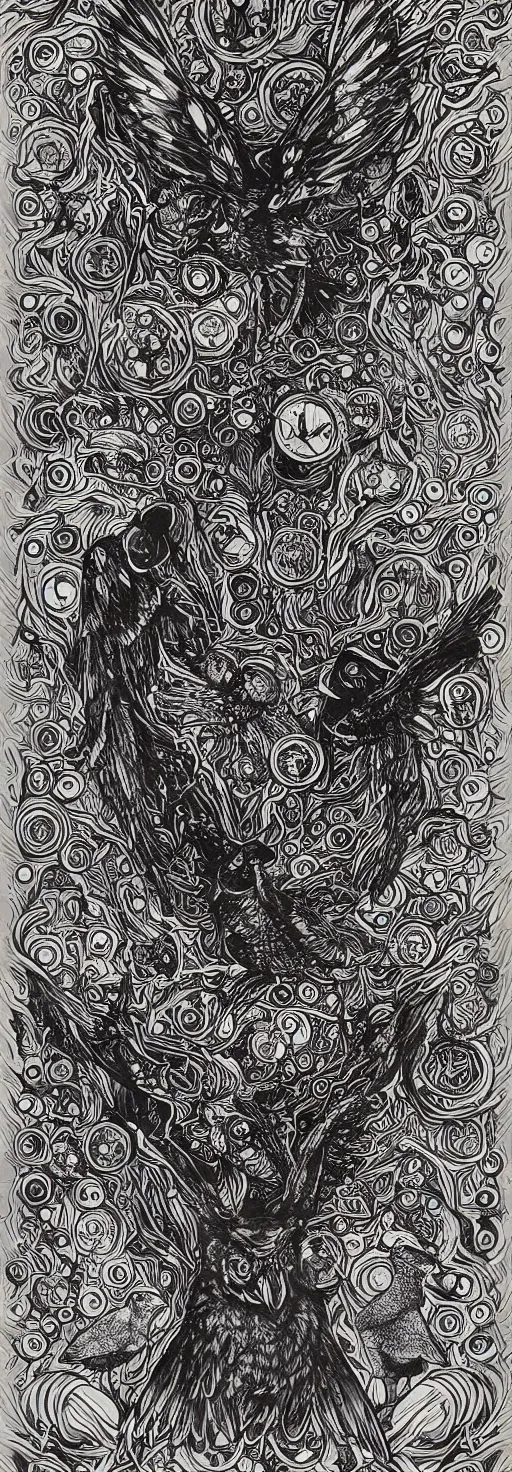 Prompt: psychedelic, monochrome artwork!!, raven, deer, in front of an owl that is a window into the ocean, typography by hr giger and james jean and andreas rocha,