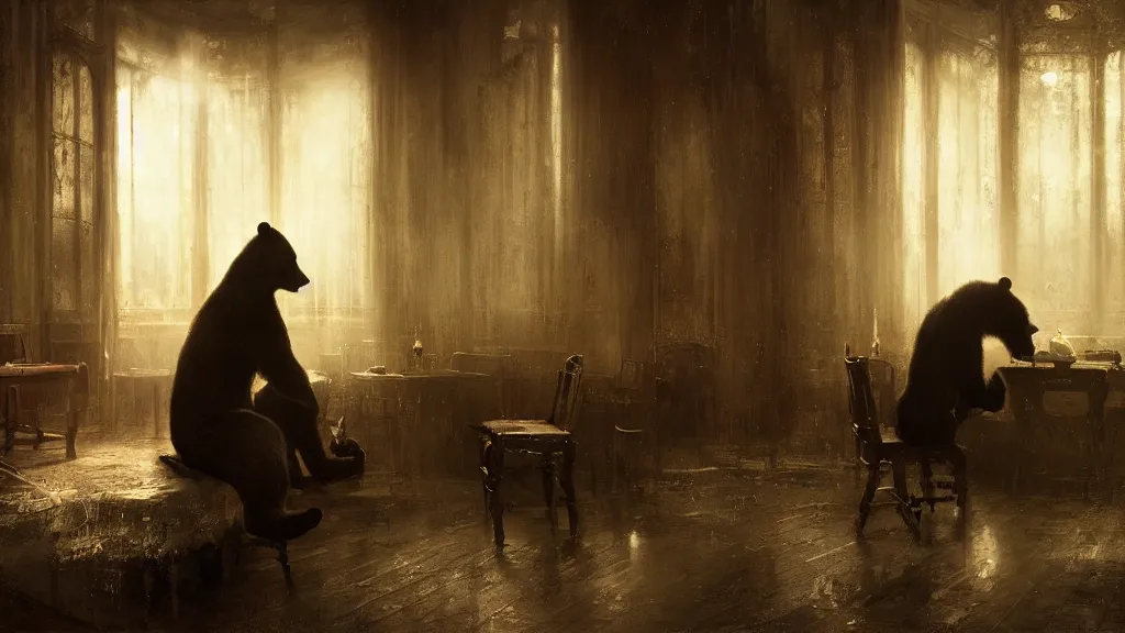 Prompt: bear gambler sitting alone in the melancholy club. andreas achenbach, artgerm, mikko lagerstedt, zack snyder, tokujin yoshioka