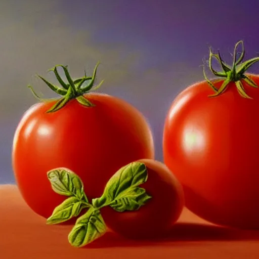 Image similar to a beautiful matte painting of a very beautiful tomato, by steve argyle and mark arian