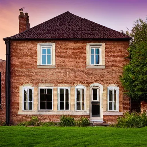 Image similar to a two floor house, exposed brick walls, large tinted window, black window frames, nice flowered distributed back yard with stonemasons, slate roof style, during sunset, nice house lighting