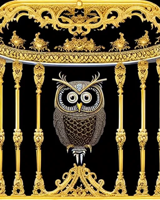 Image similar to royal ornate black ebony altar of realistic detailed owl sanctuary stronghold fortress with golden filigree carved out of ivory