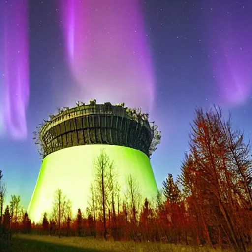 Prompt: northern lights shining over the chernobyl nuclear reactor