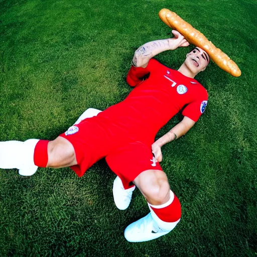 Image similar to a promo portrait of granit xhaka holding a delicious hot dog with mustard and ketchup up to the camera, happy, hyper detailed, fisheye lense, reuters