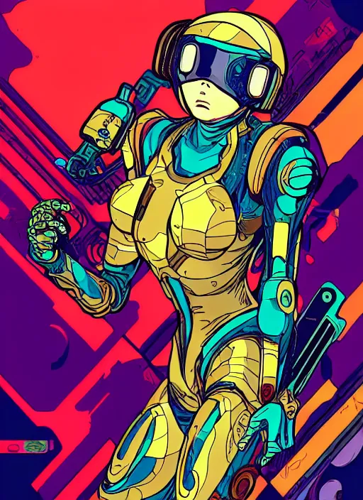 Image similar to cyberpunk samus!! cyborg portrait illustration, pop art, splash painting, art by geof darrow, ashley wood, alphonse mucha, makoto shinkai