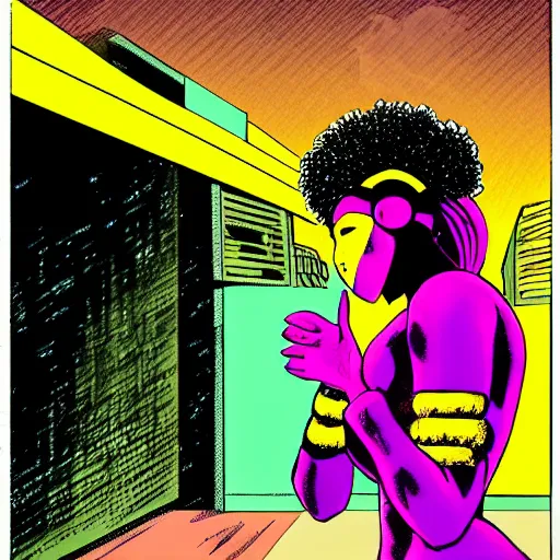 Prompt: afrofuturist woman walking down the busy street wearing gold jewelry and a goli mask, simple, cyberpunk, far shot, 1970s comic art style