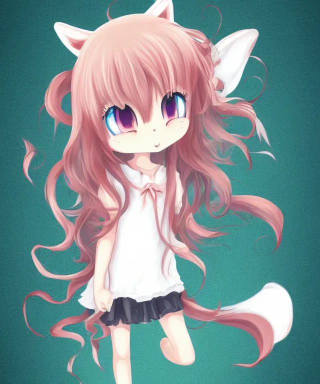 Image similar to full body cute adorable young anime kitsune with white curly hair, style of neytrix