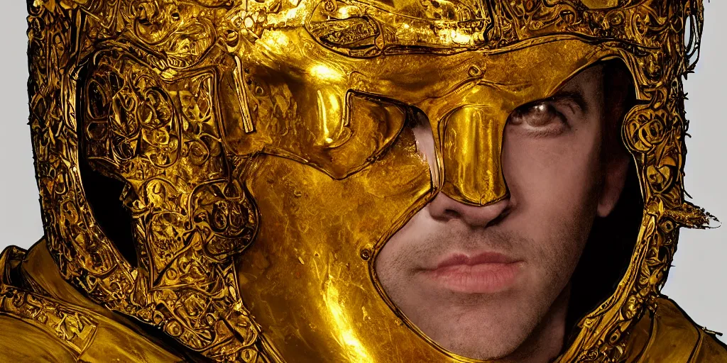 Image similar to realistic portrait of a man with golden armor and a crown, 1450, ink, ultra realistic, 8k