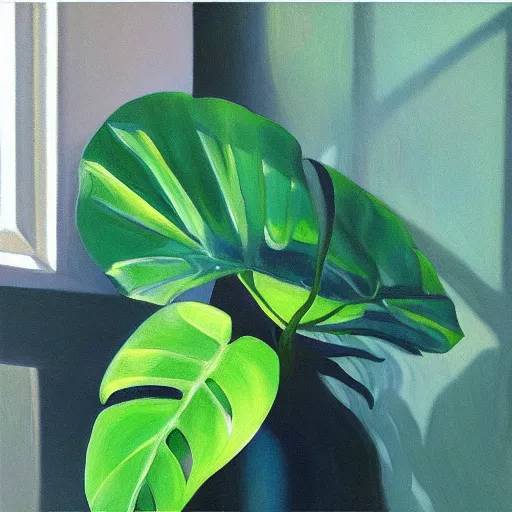 Image similar to “painting of a monstera plant, beams of sunlight streaming through the window, oil on canvas, hd”