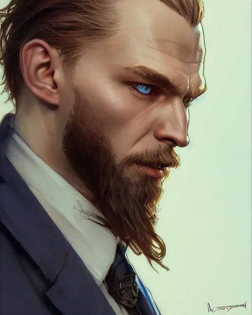 Prompt: portrait of viking in a suit, blue eyes, real life skin, intricate, elegant, highly detailed, artstation, concept art, smooth, sharp focus, art by artgerm and greg rutkowski and alphonse mucha