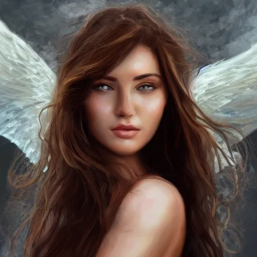 Prompt: centered front face portrait of an attractive young female earth angel, beautiful long brown hair, rocks and stones, intricate, highly detailed, elegant, digital painting, trending on artstation