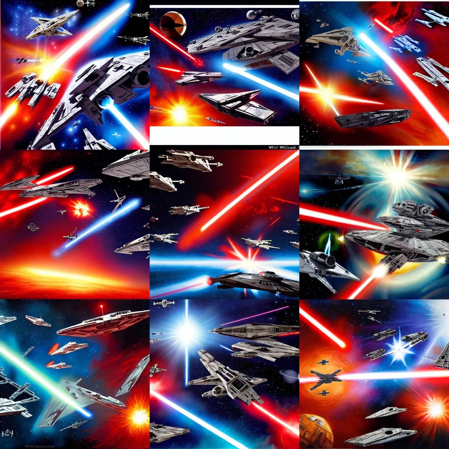 Prompt: Star Wars battle with several spaceships by William Turner, oil painting, high contrast, space scene with lens flare, giant red star in background, cinematic