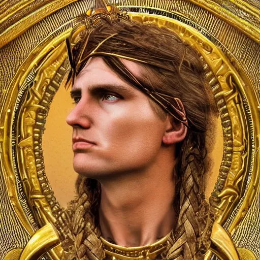 Prompt: head and shoulders portrait of a knight, donald trump, golden etched armor, lord of the rings, celtic hair braid, eldritch ruby amulet, thunderstorm, by artgerm, alphonse mucha, face detail, sharp focus, high key lighting, vogue fashion photo