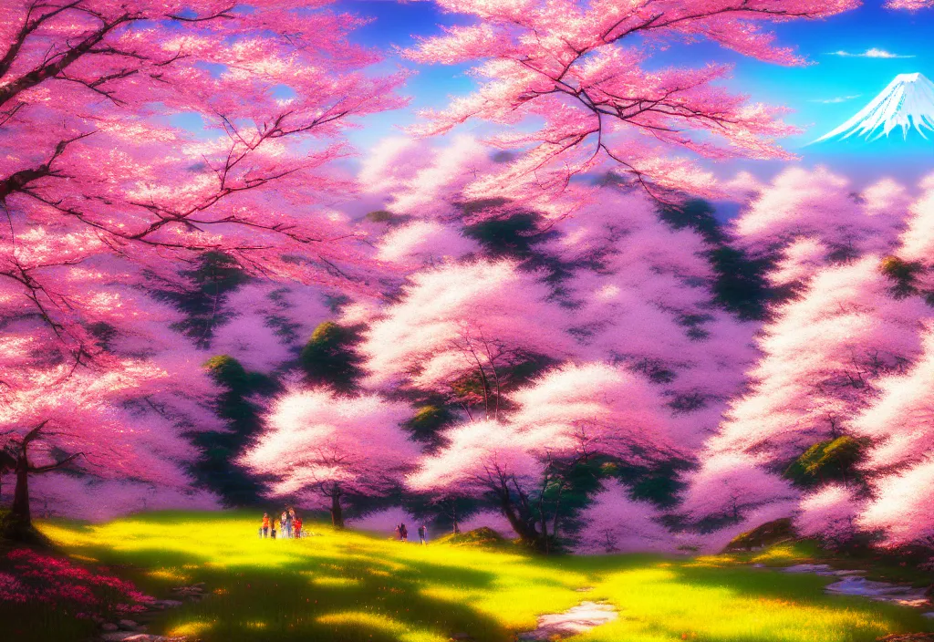 Image similar to a real photographic landscape painting with incomparable reality, wide angle, in forest, flowers, cherry blossom tree in full bloom, bright style, mount fuji, clearing, magnificent, artstation, art by makoto shinkai