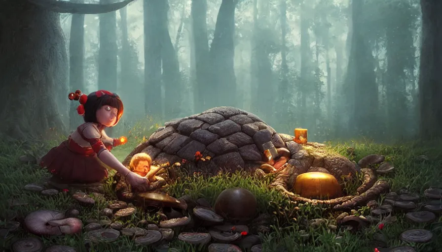 Image similar to dwarf resting under mushroom, by ilya kuvshinov, rtx rendering, octane render 1 2 8 k, maya, extreme high intricate details by tom bagshaw, medium shot, close up shot, composition by sana takeda, lighting by greg rutkowski