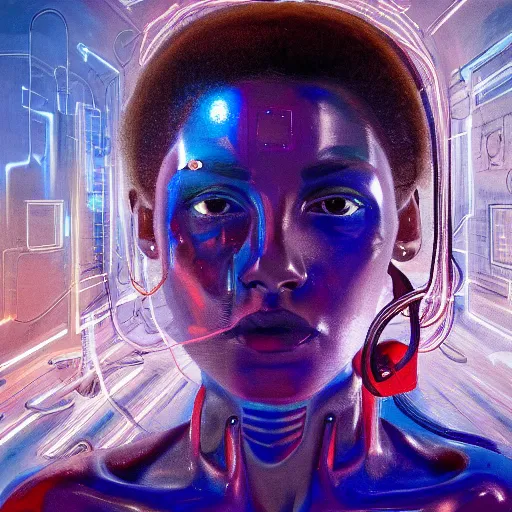 Prompt: portrait of augmented human wearing an ai chip to increase brain functions, an hard disk of 2 tb to increase brain memory, by highly detailed oil painting, soft light 4 k, red, blue and purple colour palette, cinematic composition, cinematic lighting, sharp focus, masterpiece by ernie barnes and jenny saville