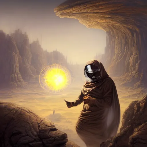 Image similar to masked nomad male wearing a cloak on an alien world and holding a holographic planet projection in his hand, detailed, sci - fi, digital painting, artstation, sharp focus, illustration, ominous, artgerm, tomasz alen kopera, peter mohrbacher, donato giancola, joseph christian leyendecker, wlop, frank frazetta