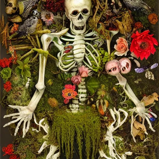 Prompt: 'Life from death' A horrifyingly detailed aesthetic horror figure painting depicting 'A mossy skeleton with plants and flowers growing all over it, birds and insects flying all around it' by giuseppe arcimboldo and Rembrandt, Trending on cgsociety artstation, 8k, masterpiece, cinematic lighting, highly detailed, vibrant colors.