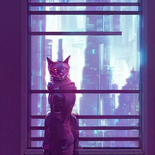 Prompt: cybercat in window | cyberpunk cityscape, illustrated by james warhola and greg rutkowski