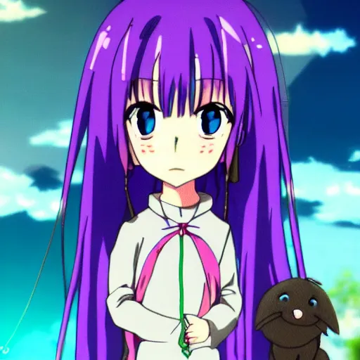 Image similar to anime screenshot of a female character with purple long hair and a small pet