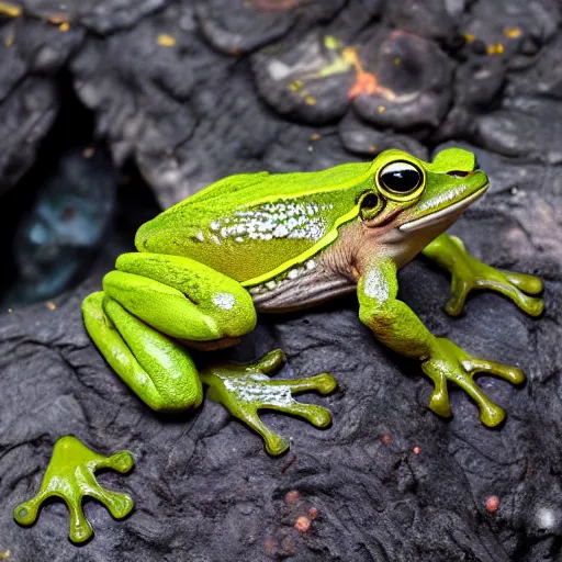 Prompt: screaming frog splits a lava lake