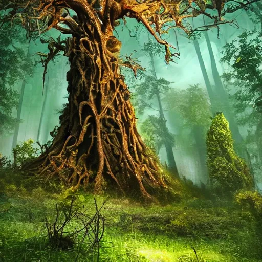 Image similar to horrific, spectacular tree in a densely overgrown forest, fantasy, dreamlike sunraise, ultra realistic