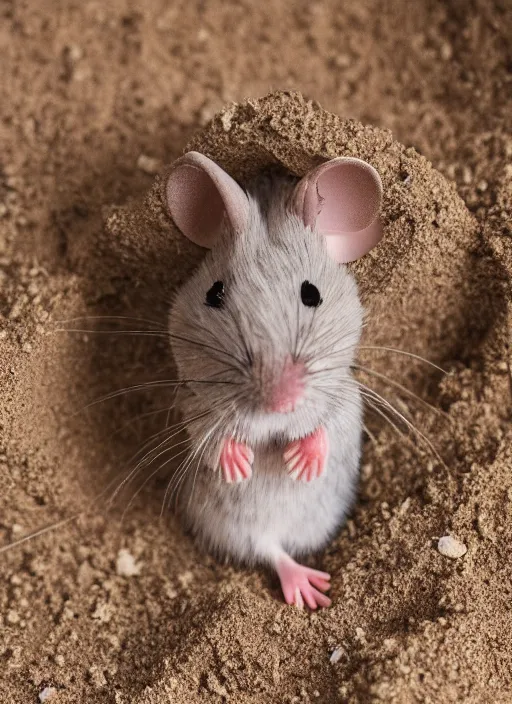 Image similar to dslr photo still of a mouse inside a sand castle, 8 k, 8 5 mm f 1. 4