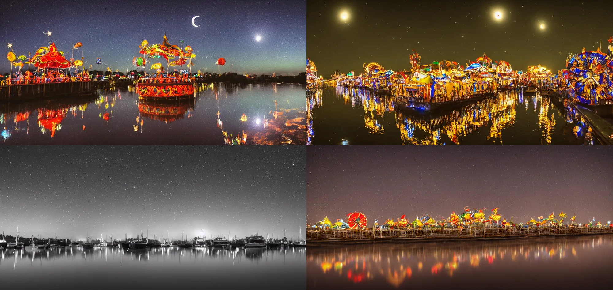 Prompt: carnival at night stars and moon in sky water reflection-long exposure, surreal